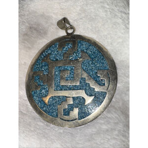 Ornate Taxco Mexico Signed Blue & 925 Sterling Silver Necklace Pendant Vintage